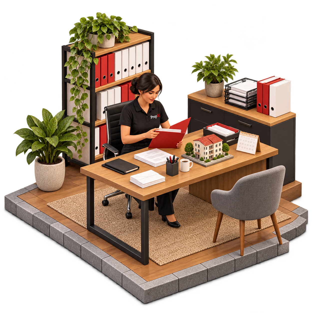 PropAI property manager organising scheme records beside a small building model