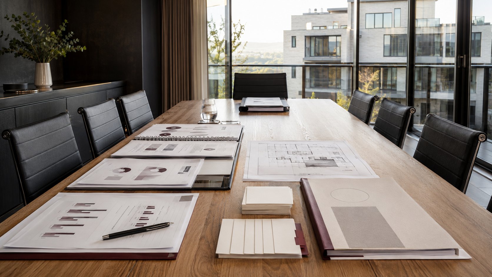 Illustration of an AGM meeting table prepared with financial documents, plans and decision papers.