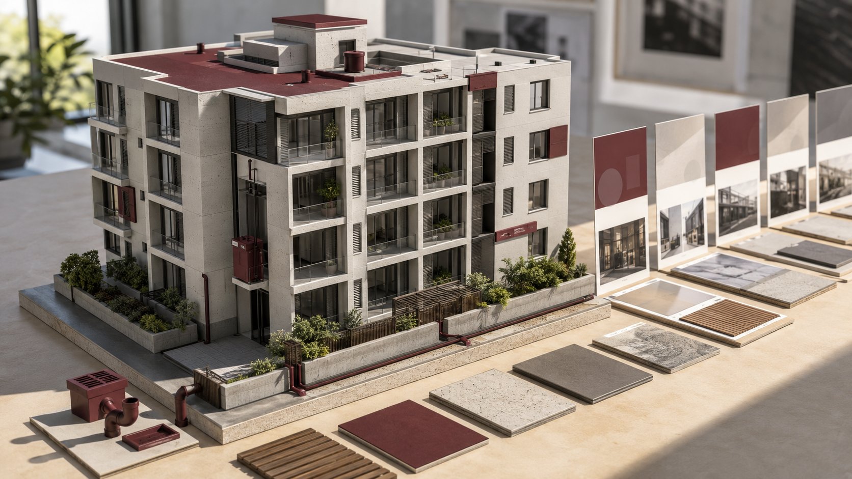 Illustration of a sectional-title building model with maintenance materials and planned building work.