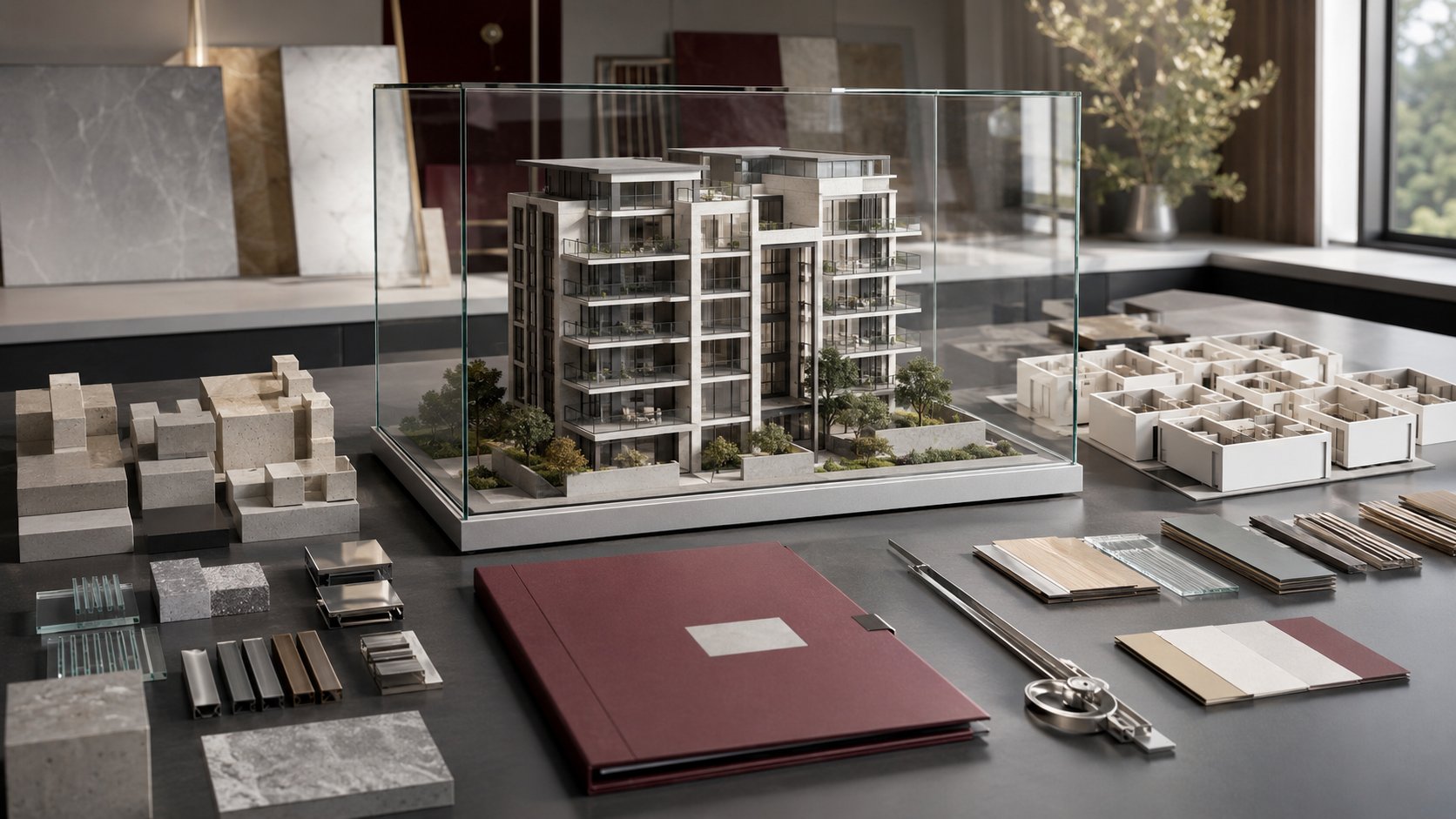 Illustration of a sectional-title building model and material options used to assess property needs.