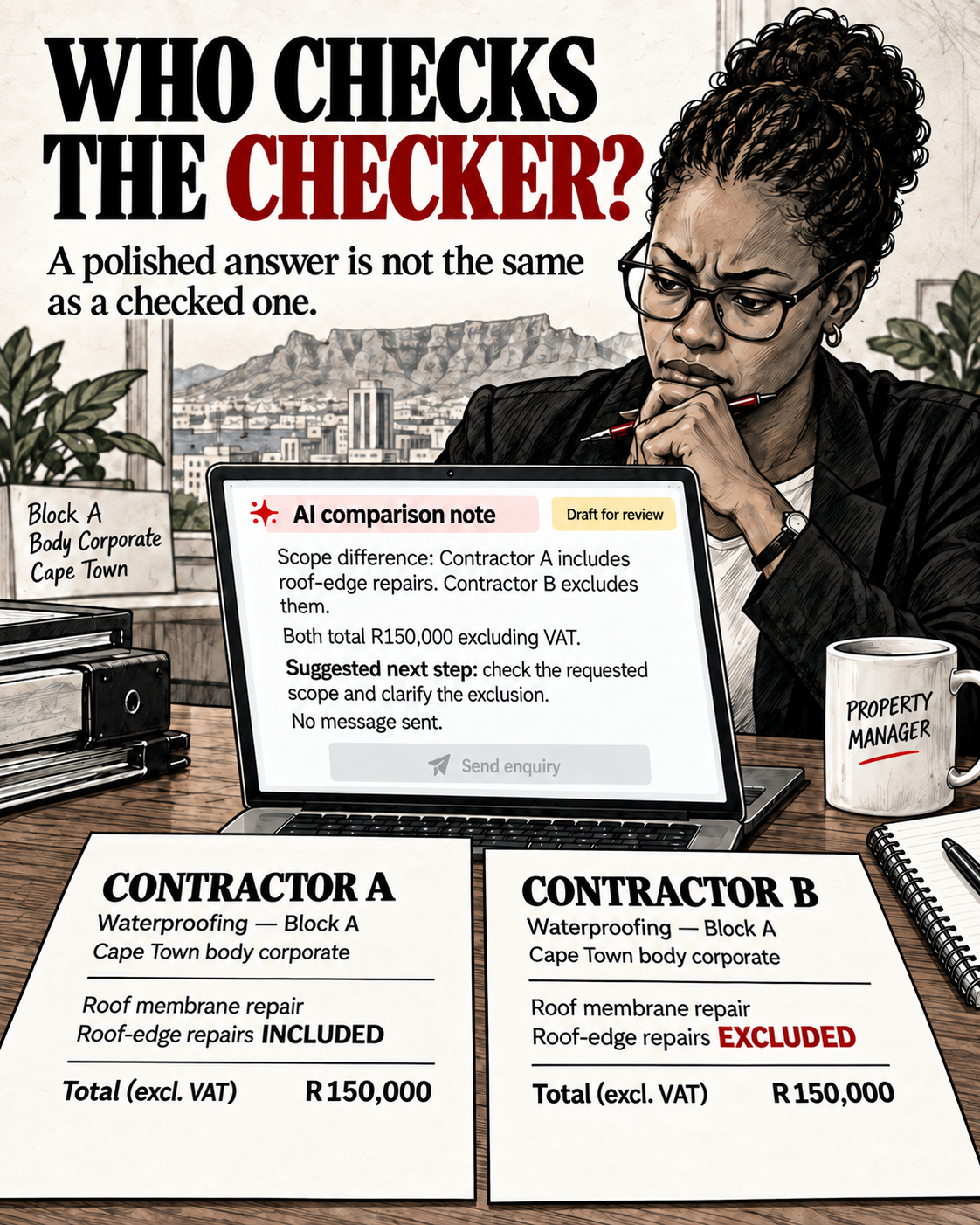 A property manager checks an AI comparison note against Contractor A and Contractor B quotations. Both total R150,000; only A includes roof-edge repairs. The enquiry remains an unsent draft.