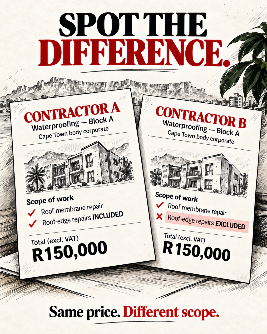 Two contractors quote R150,000 excluding VAT for waterproofing. Contractor A includes roof-edge repairs; Contractor B explicitly excludes them.