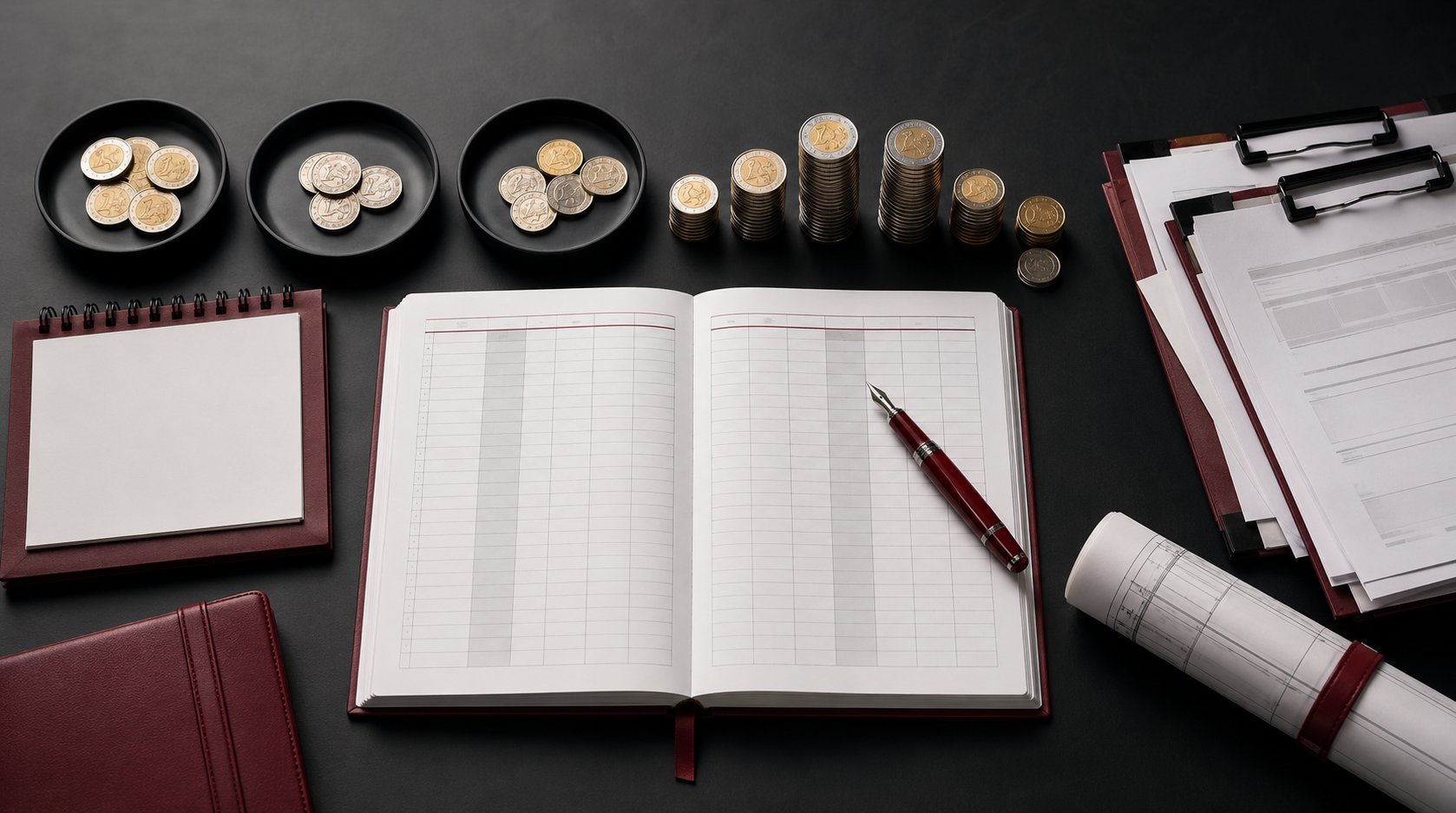 Illustration of a ledger, coins and financial records used for cash-flow planning.
