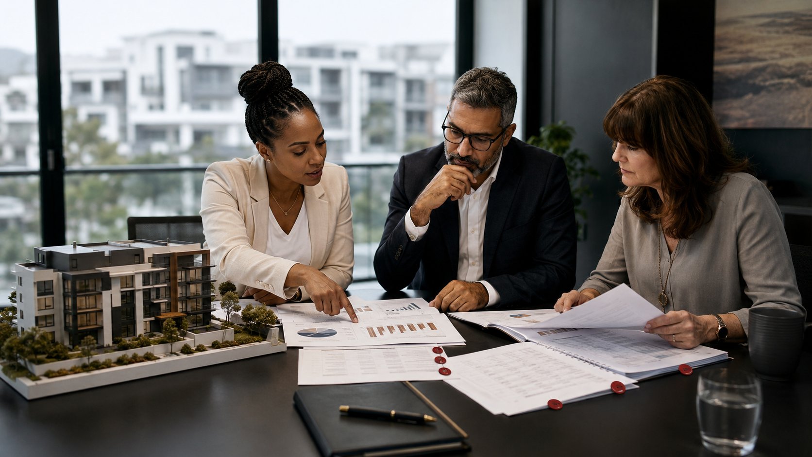 Illustration of three people reviewing a body corporate budget and property model together.