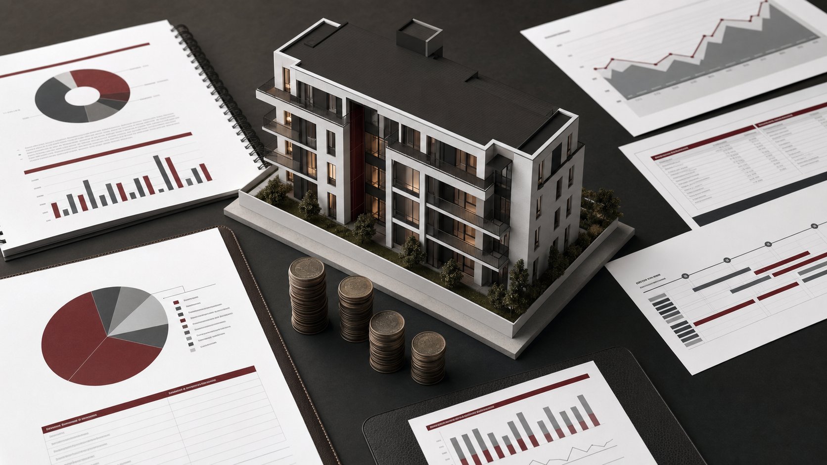 Illustration of a sectional-title building model surrounded by budget and reserve-planning documents.