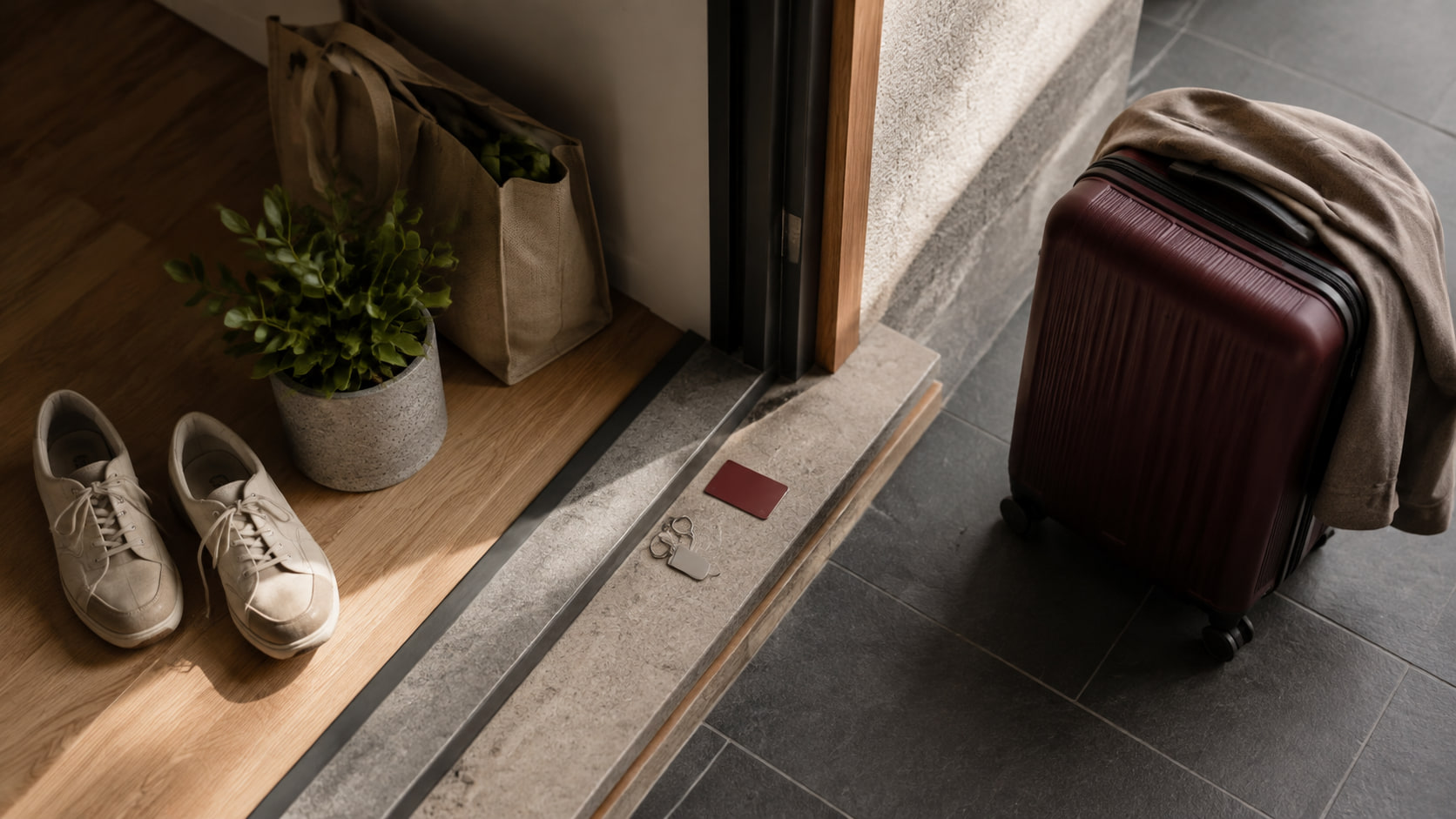 A suitcase, shoes and access keys beside the entrance to a short-term letting apartment.