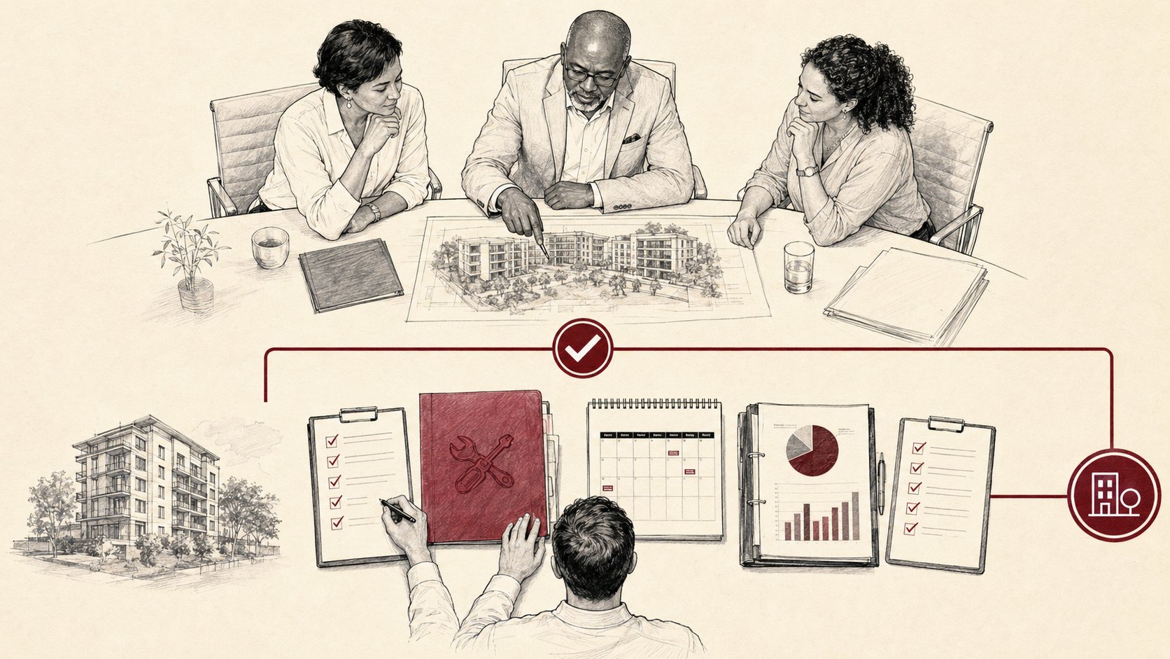 Illustration showing trustees considering a scheme plan and the operational work that follows a decision.