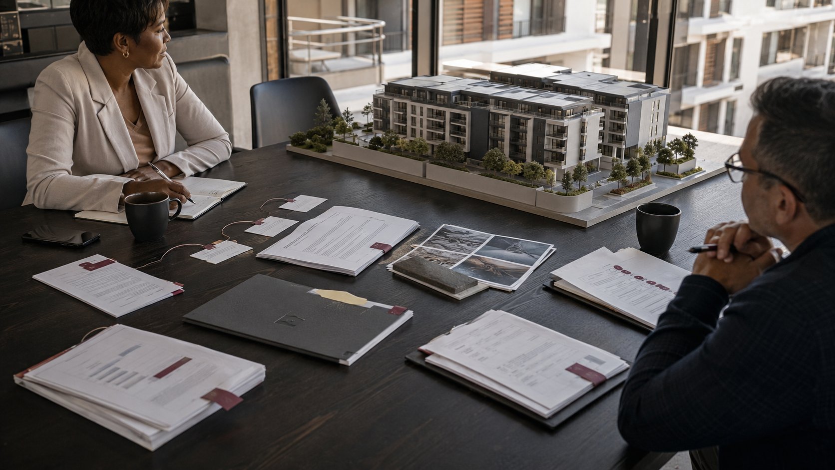 Illustration of trustees reviewing property-management information around a sectional-title building model.