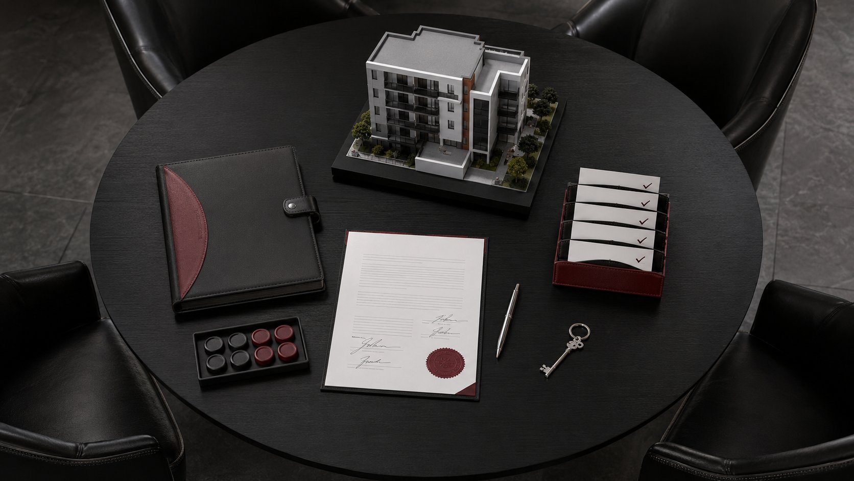 Illustration of a meeting table with trustee decision papers, a property model and formal records.