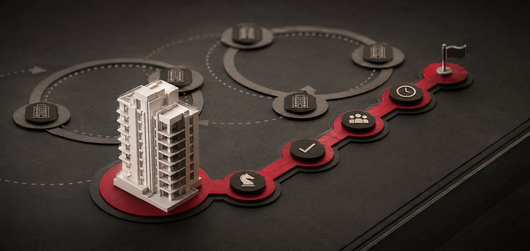 Illustration of a property-management workflow moving from a building through decisions, meeting steps and follow-through.